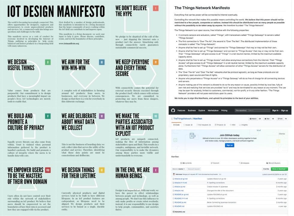 On the left the”IoT Design Manifesto” on the right “The ThingsNetwork Manifesto”